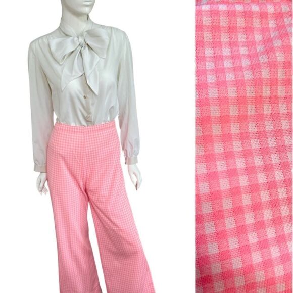 One of a Kind 1960s / 1970s Hamdmade Neon Pink Gingham Wide Leg Knit Pants - Picture 1 of 8